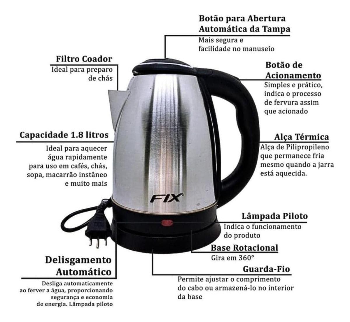 Conjunto com 1 Chaleira Elétrica Inox 127v 220v 4 Xícaras 1 Bule Infusor