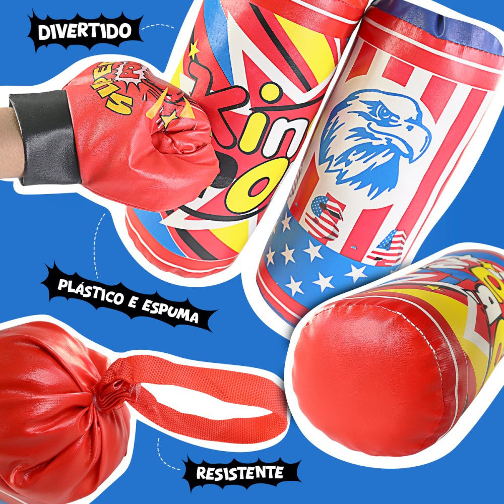 Kit Saco de Pancada Boxe + Par Luvas Luta Presente Brinquedo Infantil Fácil de Pendurar Não Machuca