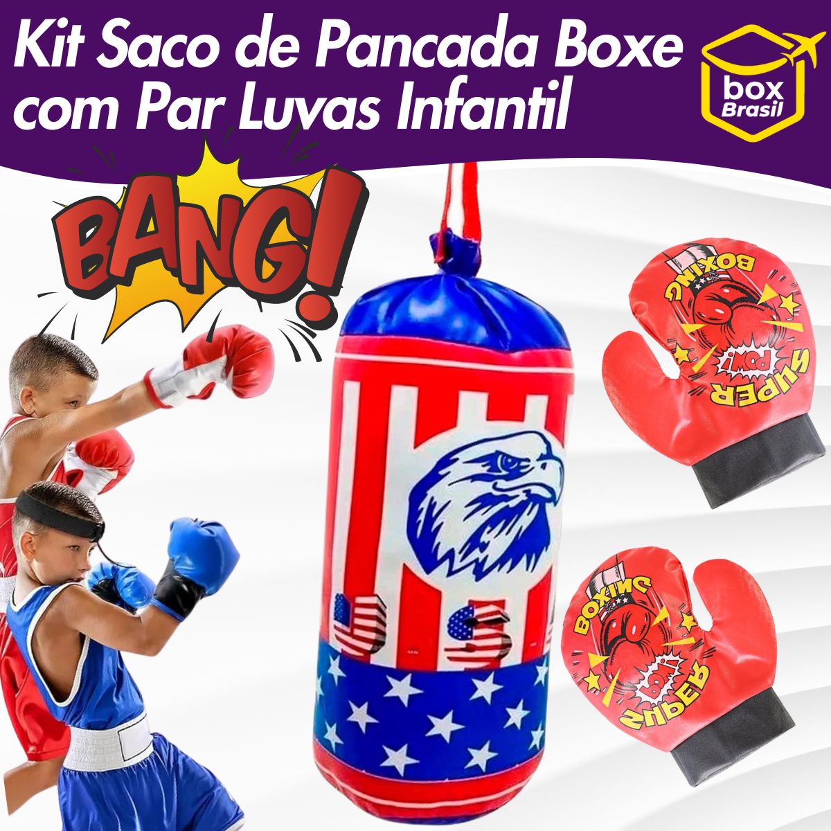 Kit Saco de Pancada Boxe + Par Luvas Luta Presente Brinquedo Infantil Fácil de Pendurar Não Machuca